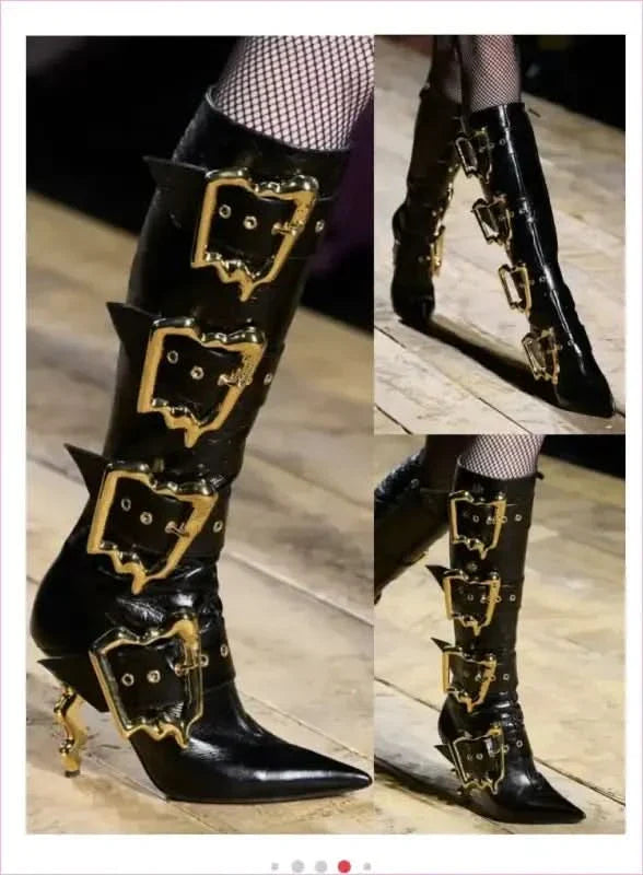 Women’s Black Patent Knee Length Side Buckle Boots with Gold Accents