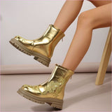 Women's Gold Metallic Round Toe Dragon Embroidered Mid-calf Boots