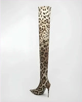 Womens Leopard Snakeskin Pointed Thigh-high Stiletto Boots