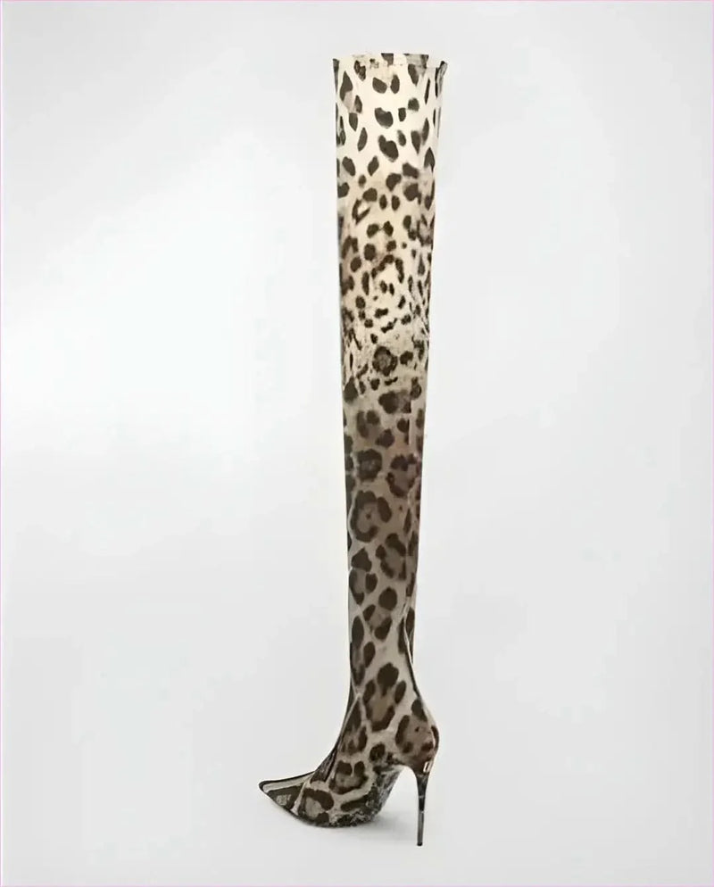 Womens Leopard Snakeskin Pointed Thigh-high Stiletto Boots