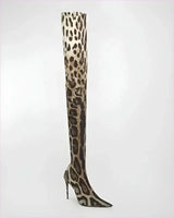 Womens Leopard Snakeskin Pointed Thigh-high Stiletto Boots