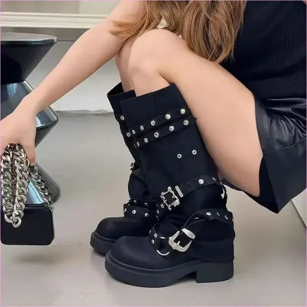 Womens Motorcycle Style Belt Buckle Boots Fashion