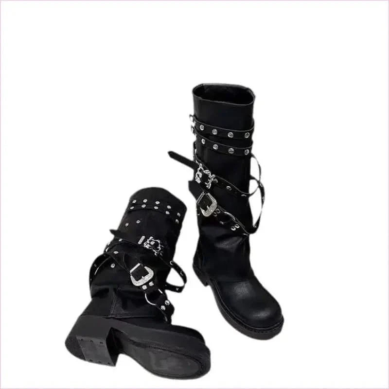 Womens Motorcycle Style Belt Buckle Boots Fashion