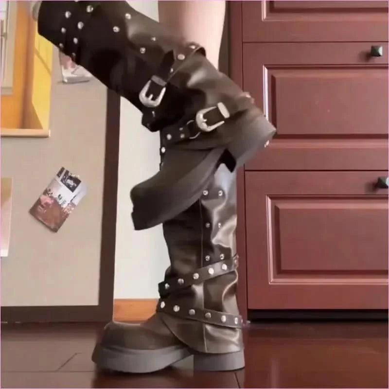 Womens Motorcycle Style Belt Buckle Boots Fashion