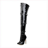 Womens Patent Cross Buckle Thigh Boots in Black, White, and Red
