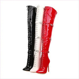 Womens Patent Cross Buckle Thigh Boots in Black, White, and Red