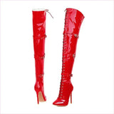Womens Patent Cross Buckle Thigh Boots in Black, White, and Red