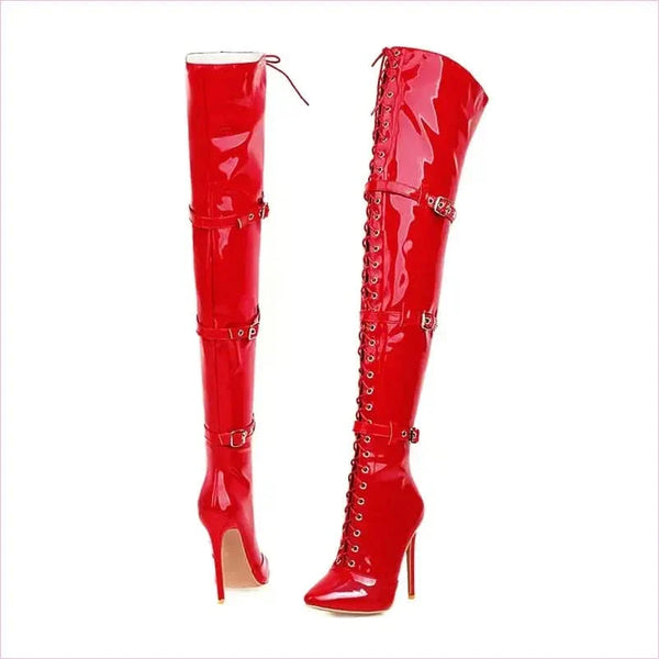 Womens Patent Cross Buckle Thigh Boots in Black, White, and Red
