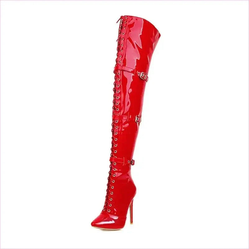 Womens Patent Cross Buckle Thigh Boots in Black, White, and Red