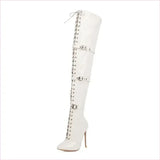 Womens Patent Cross Buckle Thigh Boots in Black, White, and Red