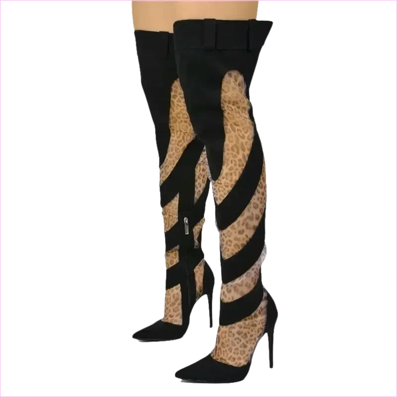 Womens Sexy Fashion Denim Mesh Patchwork Thigh High Boots
