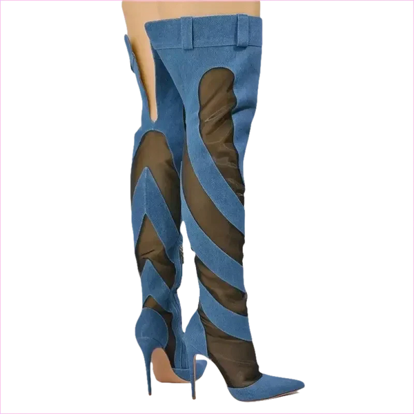 Womens Sexy Fashion Denim Mesh Patchwork Thigh High Boots