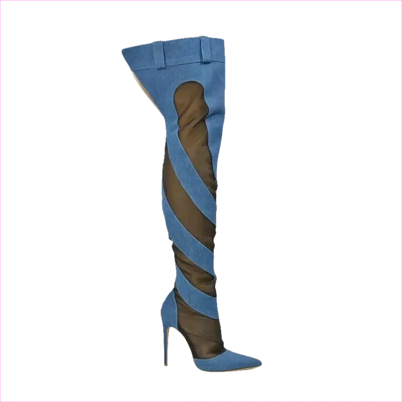 Womens Sexy Fashion Denim Mesh Patchwork Thigh High Boots