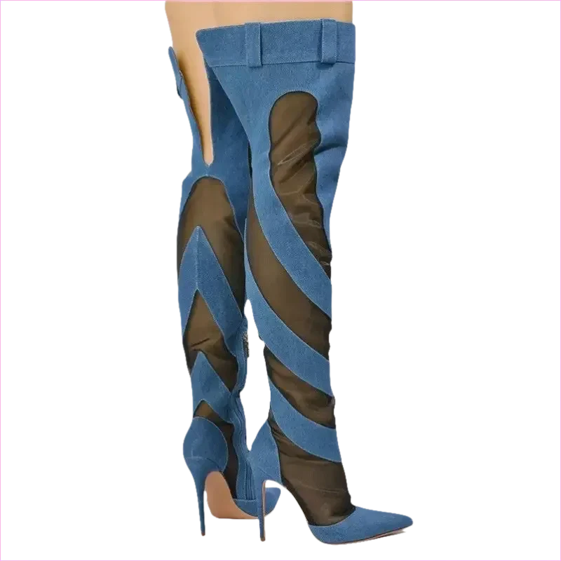 Womens Sexy Fashion Denim Mesh Patchwork Thigh High Boots