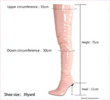 Zipper Patent Stiletto Thigh Length Boots in Black, Blue, and White