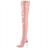Zipper Patent Stiletto Thigh Length Boots in Black, Blue, and White
