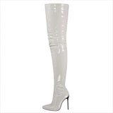 Zipper Patent Stiletto Thigh Length Boots in Black, Blue, and White